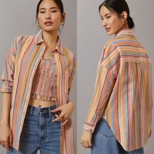 Pilcro Anthropologie Boyfriend Striped Shirt Size Small/Medium Peach Button Up